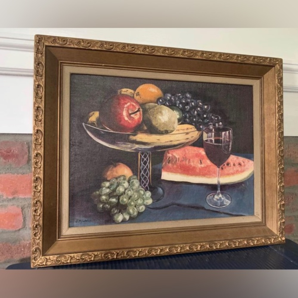 Grand Millenial Original Vintage Oil on Board Painting Still Life Framed Fruit